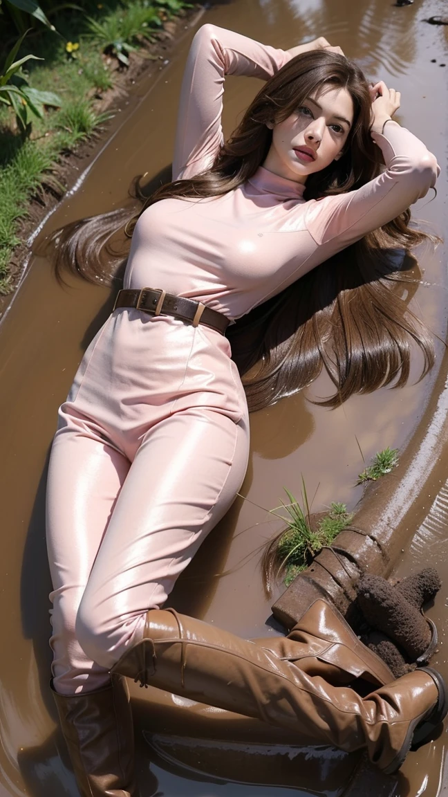 Young Anne Hathaway has long brown hair,Wearing a pink shiny full body suit,Full breasts,Long legs,Over the knee boots,Wear a belt,Lying in the mud,Stuck in the mud,The body was covered in mud stains,Full body picture,Realistic