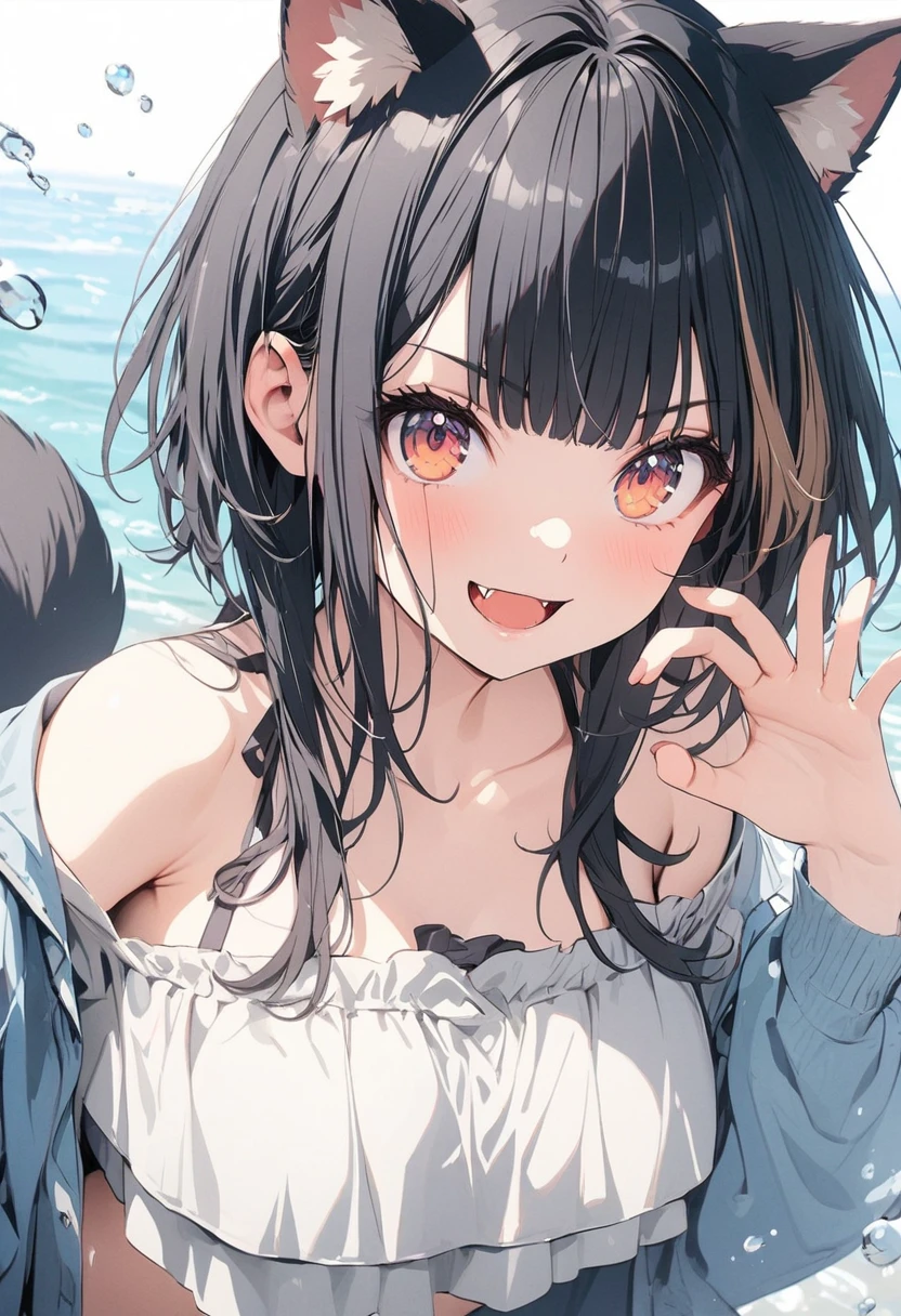 (best quarity,ultra detailed,ultra-high-resolution, absolutely resolution,8k, masterpiece),anime,(pale colors:1.8),long shot, 1girl, solo, cat mouth, dynamic angle, OK sign, smirk, opened mouth, fang, blue hair, bobcut, straight hair, racoon ears, racoon tail, (brown streaked hair:1.3), (blunt bangs) ,thick eyebrows, big breast, off shoulder bikini, water splash background, summer,