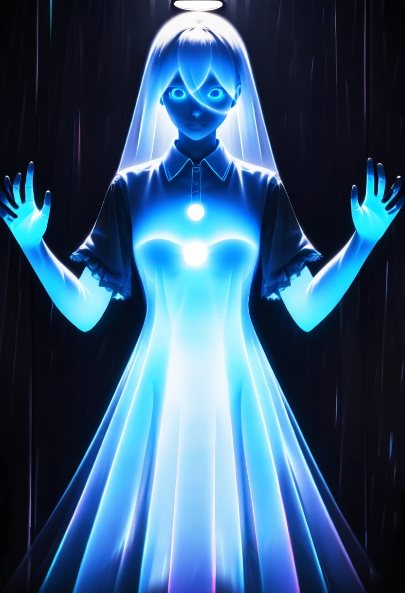 1girl, solo, holding, dress, animal ears, looking at viewer, balloon, cat ears, holding balloon, short hair, hair between eyes, short sleeves, blue eyes, white hair, closed mouth, black background, breasts, white dress, straight-on, collared dress, expressionless, frills, crossed bangs, backlighting, medium breasts, hands up, hologrpahic, luminecent, (ultrahigh quality, ghostly, ultra detailed, spooky, luminous, ethereal), white glow:1.5, raw photo:1.4, (((glowing transparent body, dynamic lighting, ghost light, ghost light)))