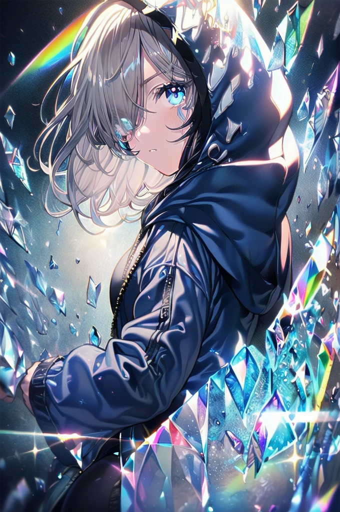 4k,Absurdres,Best quality,Masterpiece,Detailed illustration,Destructive art,Opulent,Insanely detailed,Ultra-highres,Ultra-detailed,Ultra detailed eyes,Ray Tracing,Illustrated,Reflected Light,(Dynamic angle:1.5),(Prism:1.5),1girl,Solo,(Big hood:1.5),(Hood up:1.5),(Hooded:1.5),(Dark blue jacket:1.5),(Black shirt:1.5),(Black leggings:1.5),(Blue eyes:1.5),(Gauze on face:1.5),(Long sideburns:1.5),(Medium hair:1.5),(Gray hair:1.5),(Hair over one eye:1.5),(Beautiful ass:1.5),(Breaking glass background:1.5),(Dark theme:1.5),(Looking at viewer:1.5),(Backlight:1.5),(Anime wallpaper:1.5),(Fullbody:1.5)