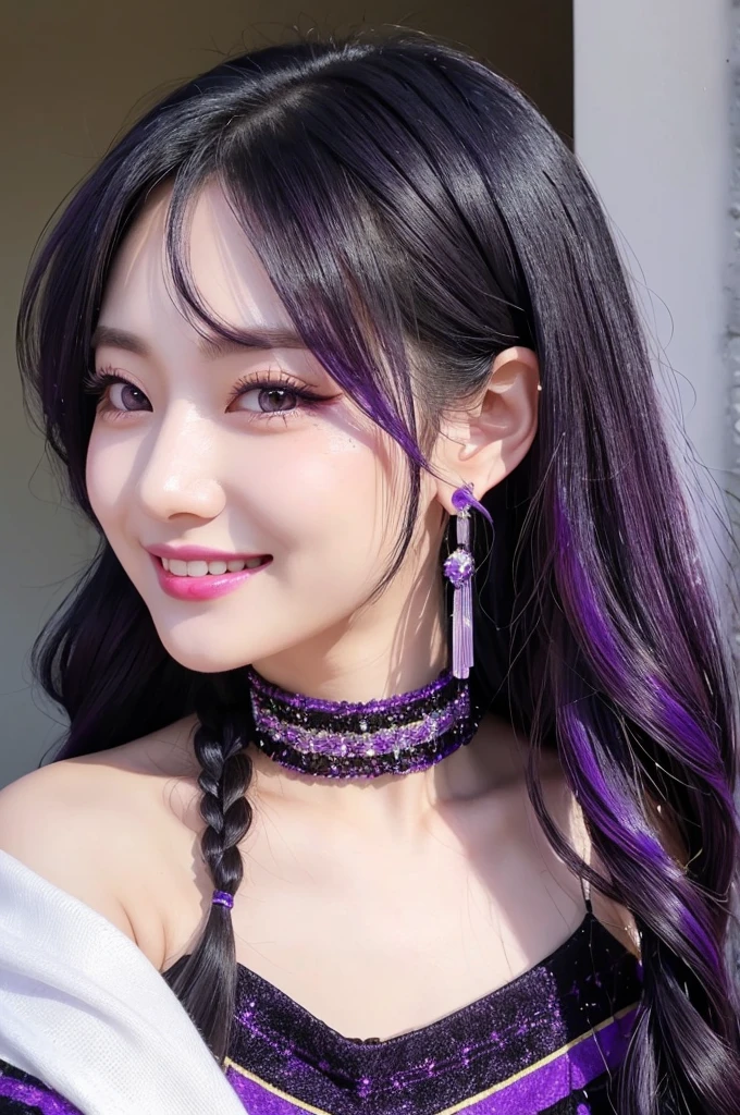 black violet hair、black hair, violet gradient hair、forehead、long single braid、purple colored inner hair、sparkling eyes、purple eyes、violet、1 woman、off-shoulder-tops+black long flare skirt、Mole on lower left of lip、white teeth、smile、 Amethyst earrings、glamorous,yukata