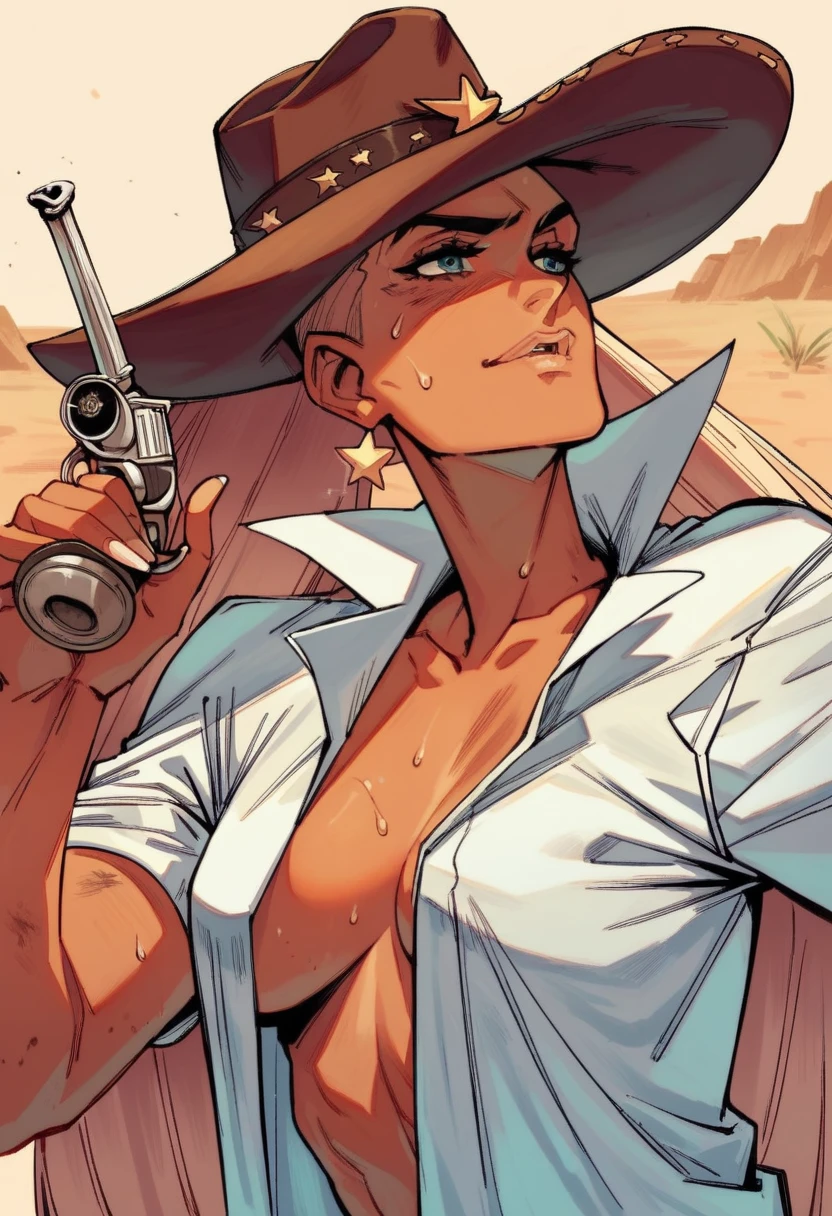 One girl, Ariana Grande, cowboy_hat, dark_skin, western, NSFW, desert, holding a revolver, cowboy_outfit, open shirt, sweating, dirty,