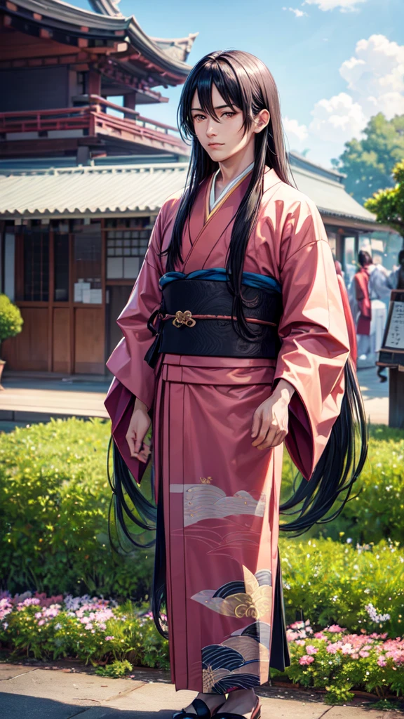 A MANY MAN WITH LONG BLACK HAIR, BROWN EYES, WEARING A KIMONO, NAMED "SUGURU GETO" IN A REALISTIC 4K-HDR VIEW, STANDING IN THE MIDDLE OF A BEAUTIFUL CITY, WITH A REALISTIC SPRING EFFECT.