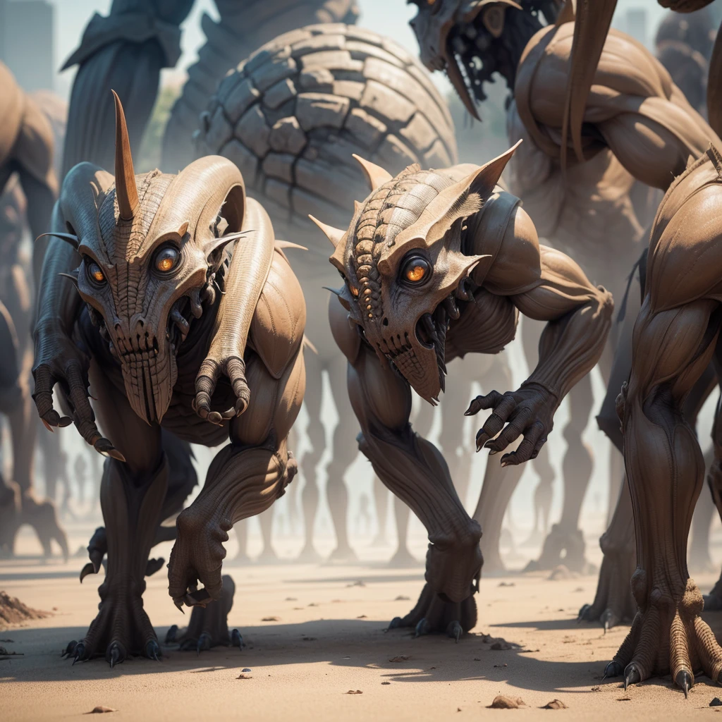 Humaniod bipedal creatures feudalistic settlement booming with activity