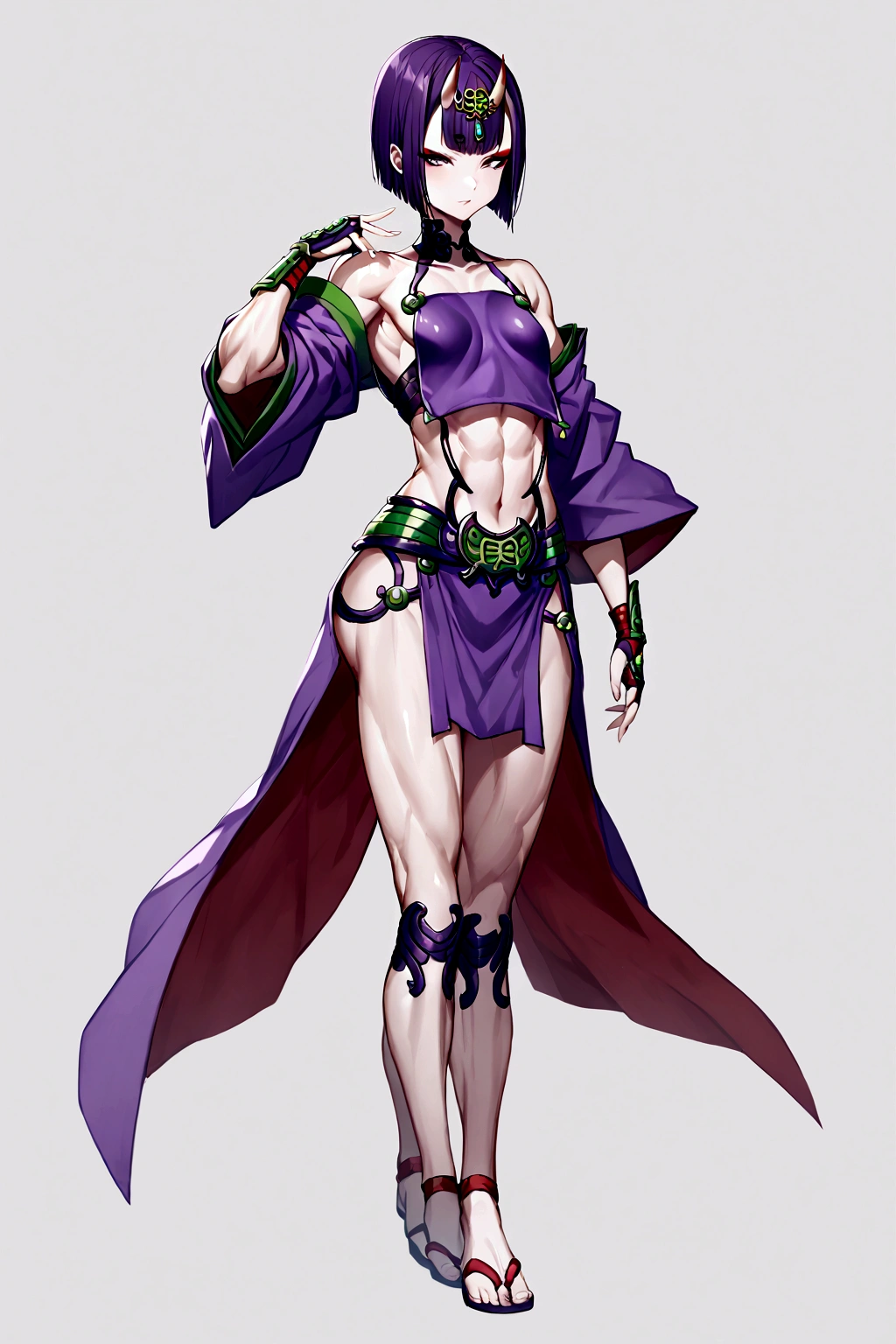 Shuten boy, parted bangs, purple eyes, purple hair, long hair, hime cut, forehead, arm guards, armor, black gloves, bodysuit, fingerless gloves, gloves, japanese armor, kote, loincloth, purple bodysuit, ribbed sleeves, tabard, toned, muscular body, full body.