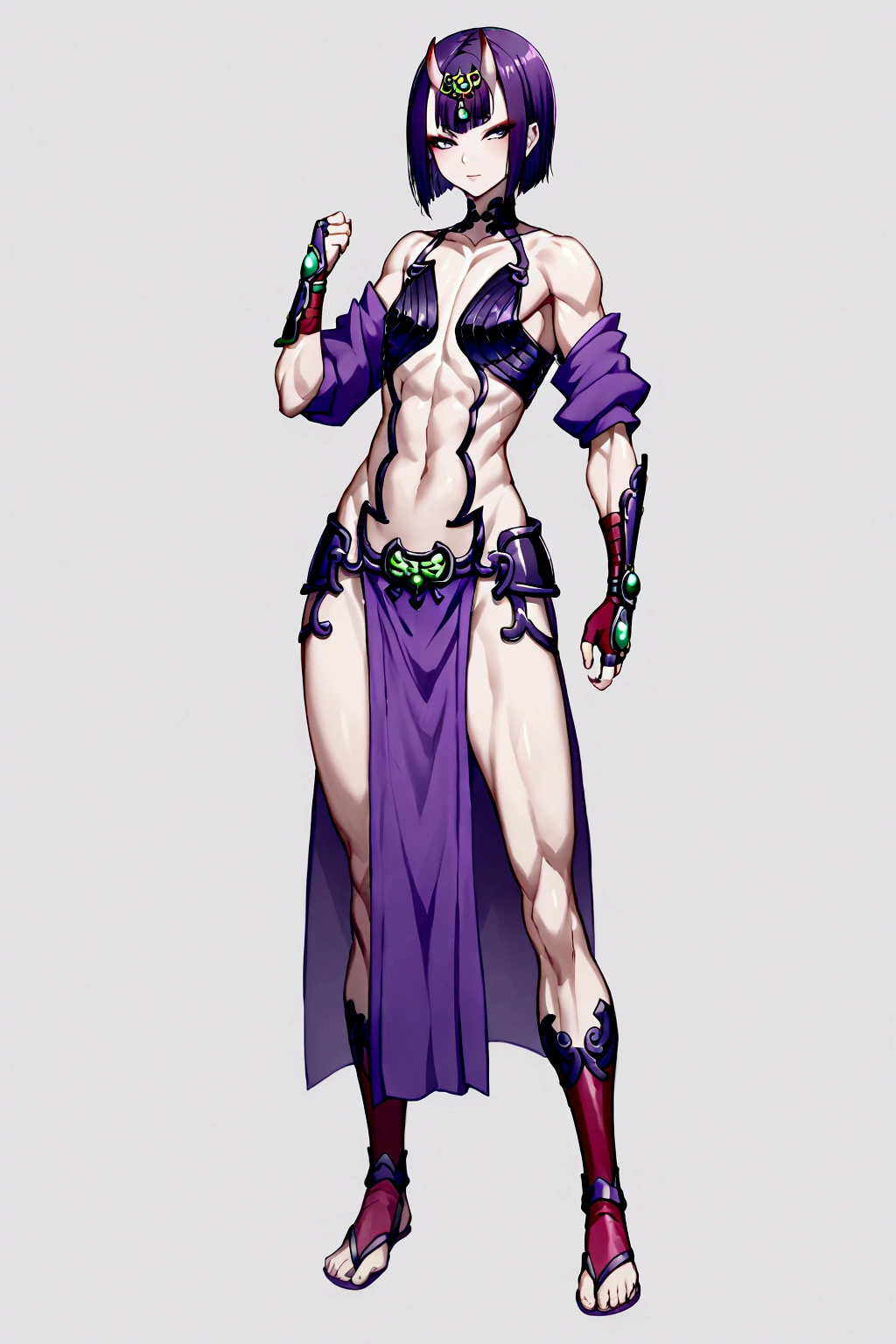 Shuten boy, parted bangs, purple eyes, purple hair, long hair, hime cut, forehead, arm guards, armor, black gloves, bodysuit, fingerless gloves, gloves, japanese armor, kote, loincloth, purple bodysuit, ribbed sleeves, tabard, toned, muscular body, full body.