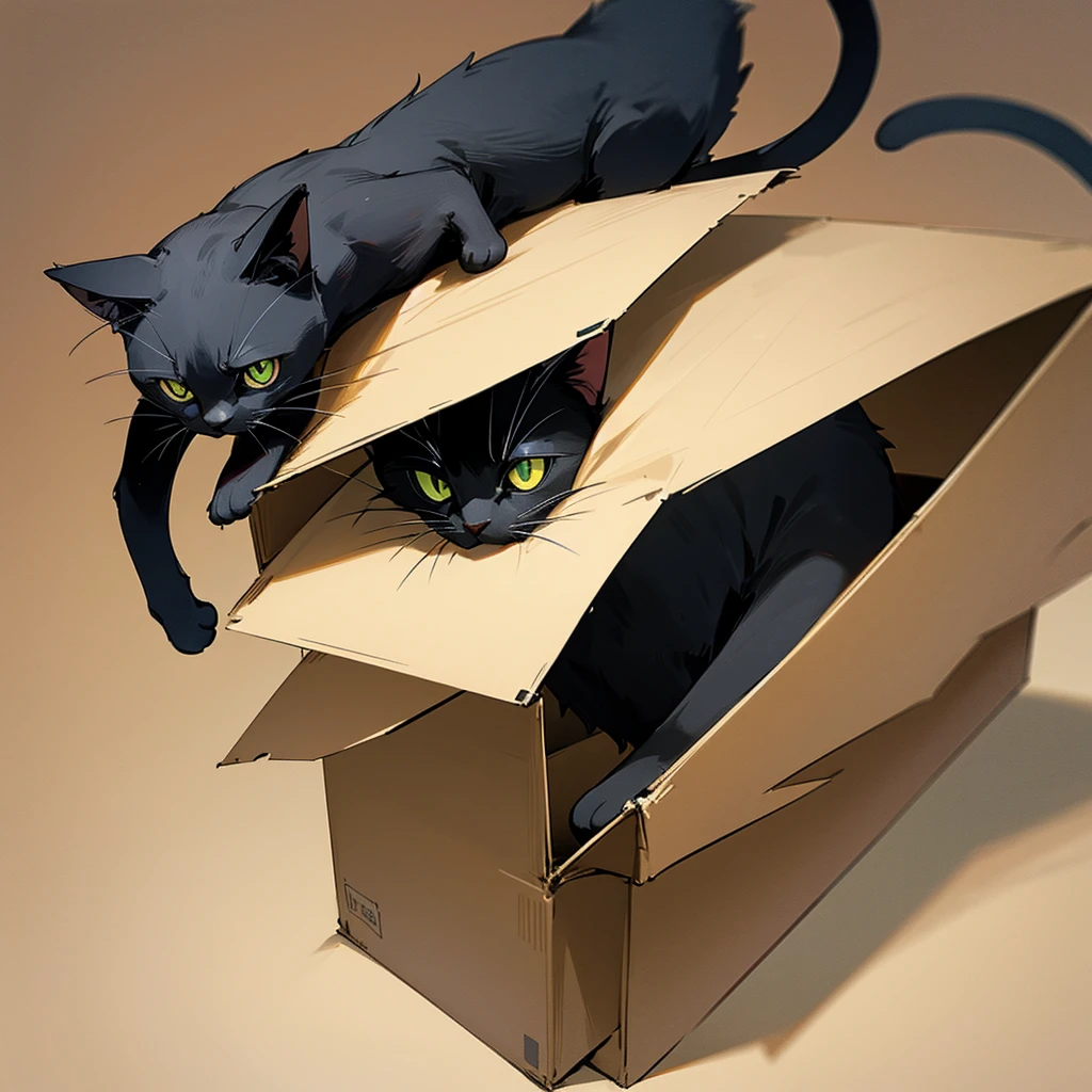 Small cardboard　Black cat　Put on the box　No background　Just one　Manga style　Hiding Cat