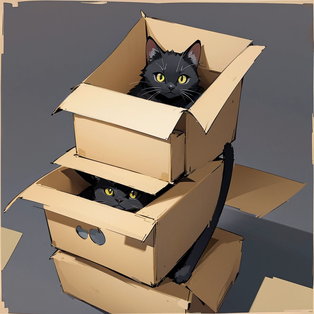Small cardboard Black cat Put on the box No background Just one Manga style Hiding Cat