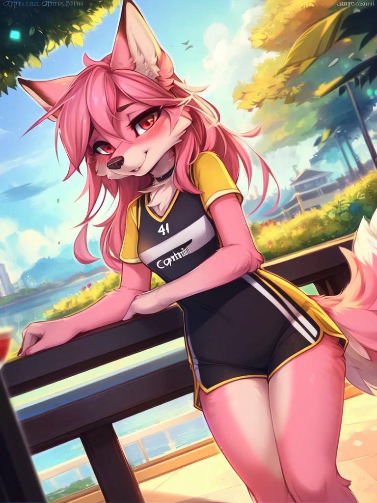 from Kenketa, Ross Tran, Ruan Jia, mumps, Foxovh, от zackary911, от Hyattlen, on a terrace, by Fumiko, от Pixelsketcher, by Bayard Wu, Thomas Benjamin Kennington, from Einshelm, from Kilina, by Coffeesoda, from Hyoshiru, from down-kevlar, от r-mk, by Dimwitdog, fluffy, Nazuna_hiwatasi, antro, Female, One, standing, mocking look, (half-closed eyes), pink hair, pink tail, (sportswear), (Red eyes), I look at the viewer, (Medium breasts, hips), (Fox), sunny day, (public park), (pink body, two-tone fur), (blushing, you&#39;re sweating), (hair in a ponytail), (Older), (((sheer thong:1.4))), pussy, (gozar na buceta 1.5)