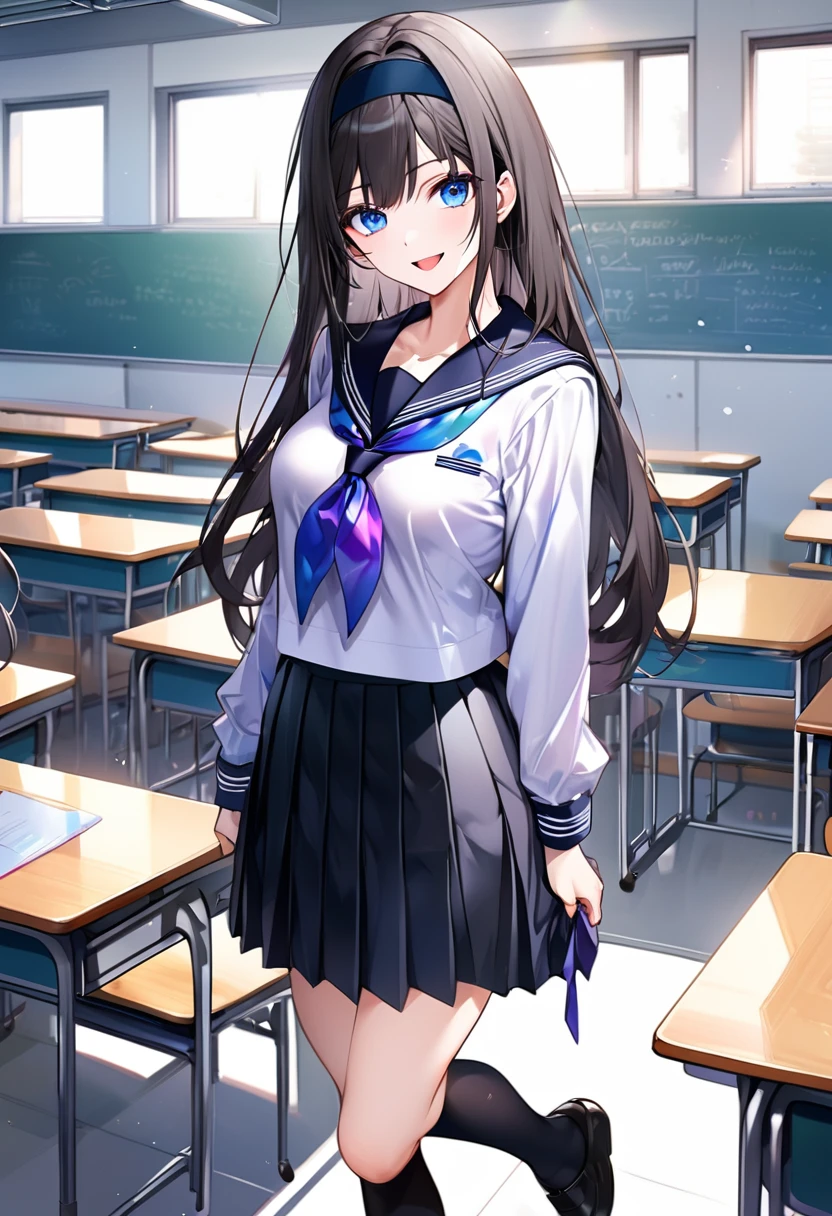 ,akiha,best quality,masterpiece, super fine illustration,1girl,solo,looking at viewer, , sailor collar, serafuku ,blue shirt, long sleeves, purple neckerchief ,blue neckerchief, black skirt, pleated skirt, black socks ,kneehighs, black footwear ,loafers, classroom ,full body,standing,arms_behind_back,smile,;d,open mouth, large breasts, , perfect face, bangs, black hair, long hair, black hairband, perfect shiny hair, blue eyes, ultra-detailed eyes, iridescent shiny eyes,　nipple