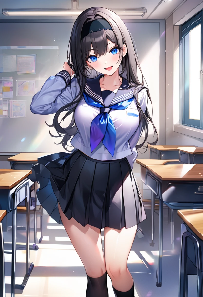 ,akiha,best quality,masterpiece, super fine illustration,1girl,solo,looking at viewer, , sailor collar, serafuku ,blue shirt, long sleeves, purple neckerchief ,blue neckerchief, black skirt, pleated skirt, black socks ,kneehighs, black footwear ,loafers, classroom ,full body,standing,arms_behind_back,smile,;d,open mouth, large breasts, , perfect face, bangs, black hair, long hair, black hairband, perfect shiny hair, blue eyes, ultra-detailed eyes, iridescent shiny eyes,　nipple