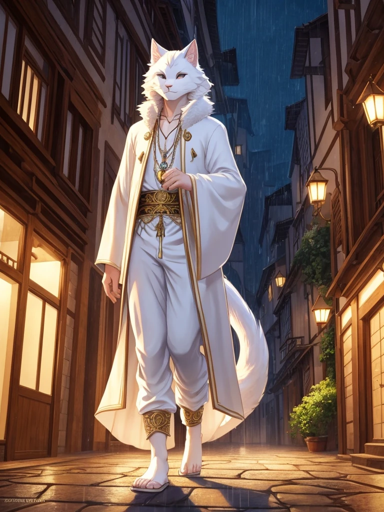 Anthro, white mein coon cat, full body, male, adult, hand paws, long fluffy tail, strong, light robe, light pants, flip flop, fancy modern japenese clothing, ornate clothing, necklace with pendant, abdomen on display, innocent look, warm expression, hairy body, 8K, dynamic lighting, ultra detailed, masterpiece, street of a medieval town, raining