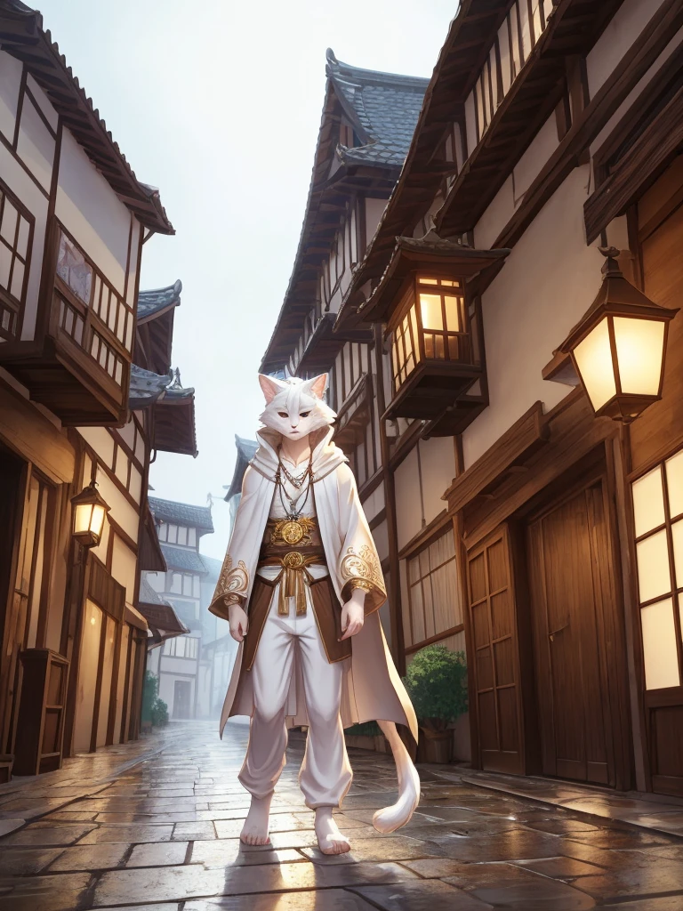 Anthro, white mein coon cat, full body, male, adult, hand paws, long fluffy tail, strong, light robe, light pants, flip flop, fancy modern japenese clothing, ornate clothing, necklace with pendant, abdomen on display, innocent look, warm expression, hairy body, 8K, dynamic lighting, ultra detailed, masterpiece, street of a medieval town, raining