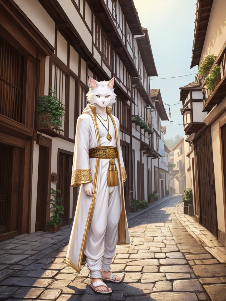 Anthro, white mein coon cat, full body, male, adult, hand paws, long fluffy tail, strong, light robe, light pants, flip flop, fancy modern japenese clothing, ornate clothing, necklace with pendant, abdomen on display, innocent look, warm expression, hairy body, 8K, dynamic lighting, ultra detailed, masterpiece, street of a medieval town, raining