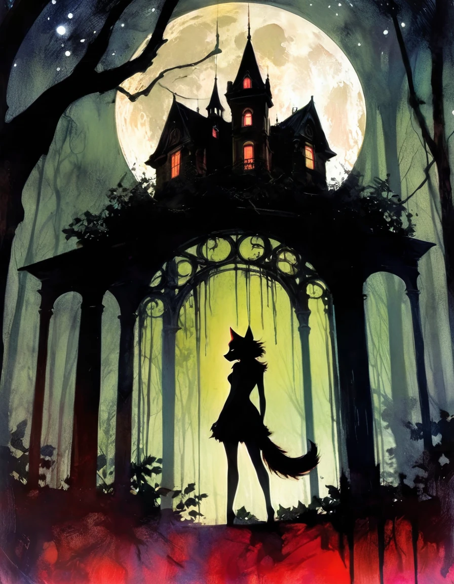 a decaying abandoned mansion in a lush overgrown forest, full moon glowing red in a dark night sky, shadowy wolf silhouettes prowling through the scene, twinkling stars, (best quality, 4k, 8k, highres, masterpiece:1.2), ultra-detailed,(realistic, photorealistic, photo-realistic:1.37), oil painting, intricate brushstrokes, dramatic lighting, dark moody atmosphere, chiaroscuro, Bill Sienkiewicz inspired art
