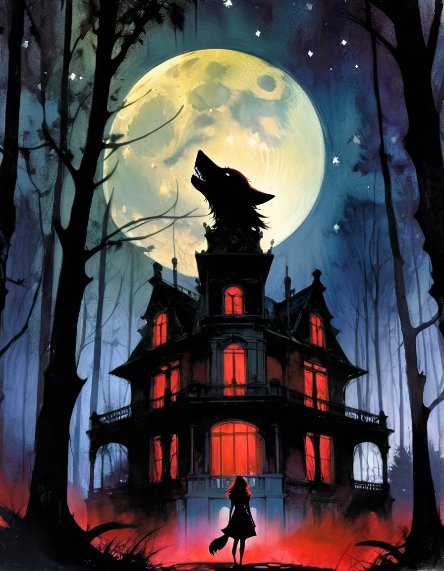 a decaying abandoned mansion in a lush overgrown forest, full moon glowing red in a dark night sky, shadowy wolf silhouettes prowling through the scene, twinkling stars, (best quality, 4k, 8k, highres, masterpiece:1.2), ultra-detailed,(realistic, photorealistic, photo-realistic:1.37), oil painting, intricate brushstrokes, dramatic lighting, dark moody atmosphere, chiaroscuro, Bill Sienkiewicz inspired art
