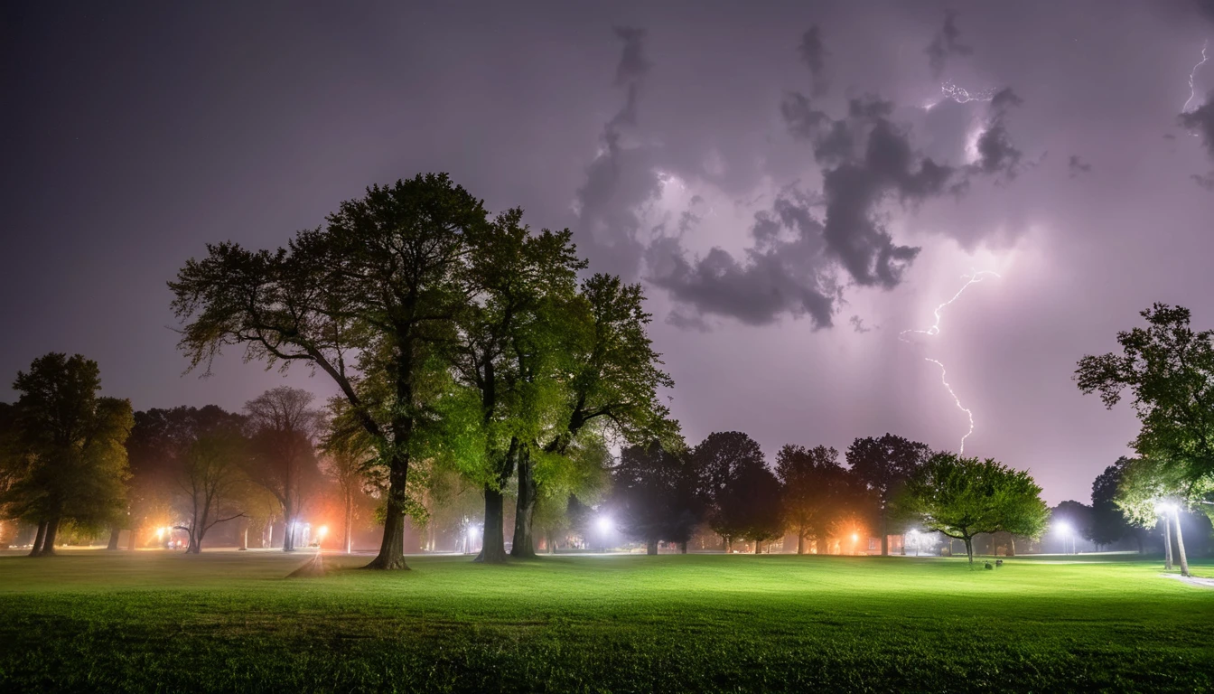 Night view of a park with several trees and lights, Distant Lightning, Moody night scene, Stormy weather at night, Nighttime foreground, ominous lighting, shot with a canon 20mm lens, Night storm, Moody night lighting, Spooky lighting, Distant storm, foreboding and Spooky lighting, Ominous Night Storm, overcast lighting
