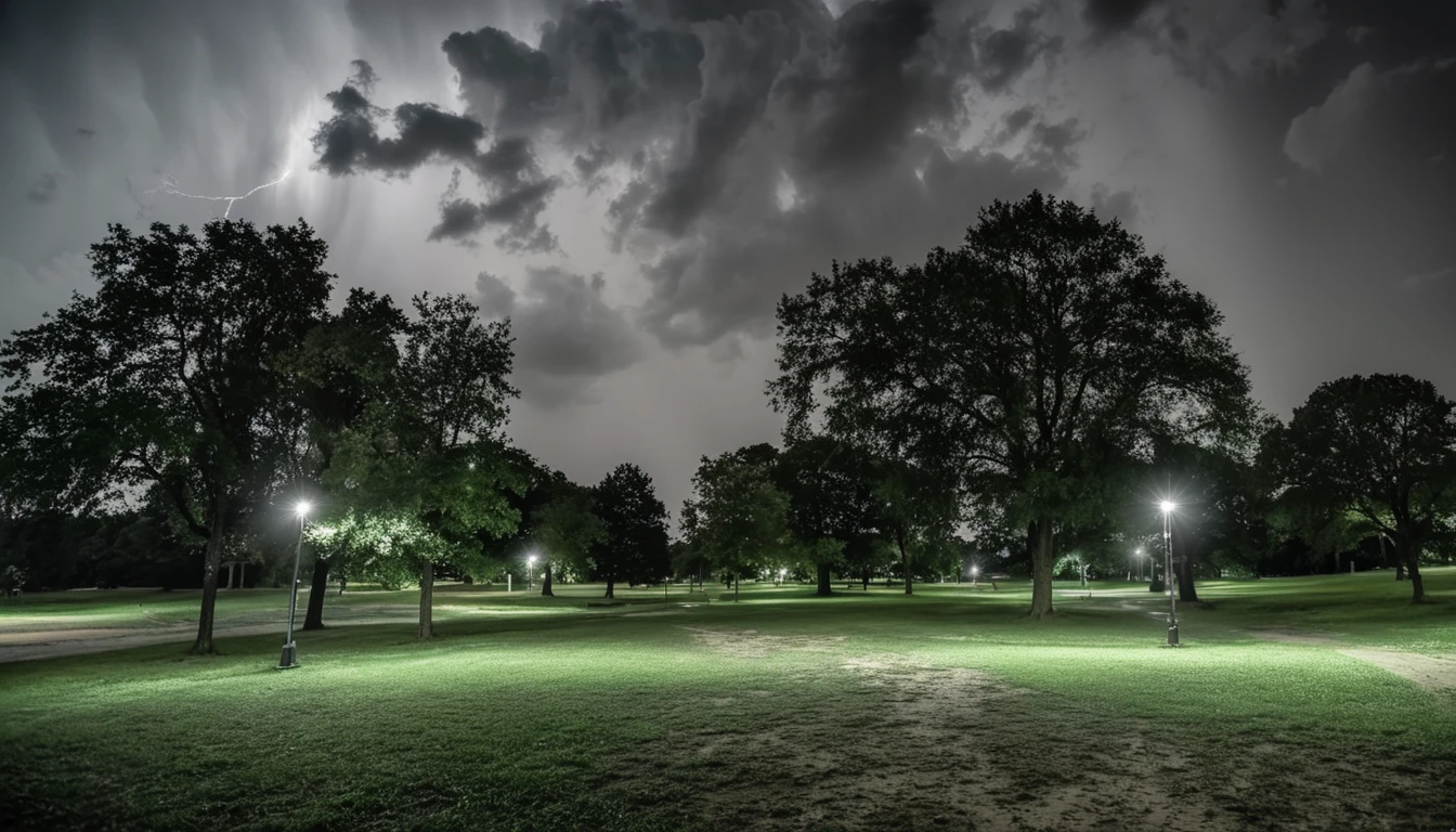 Night view of a park with several trees and lights, Distant Lightning, Moody night scene, Stormy weather at night, Nighttime foreground, ominous lighting, shot with a canon 20mm lens, Night storm, Moody night lighting, Spooky lighting, Distant storm, foreboding and Spooky lighting, Ominous Night Storm, overcast lighting
