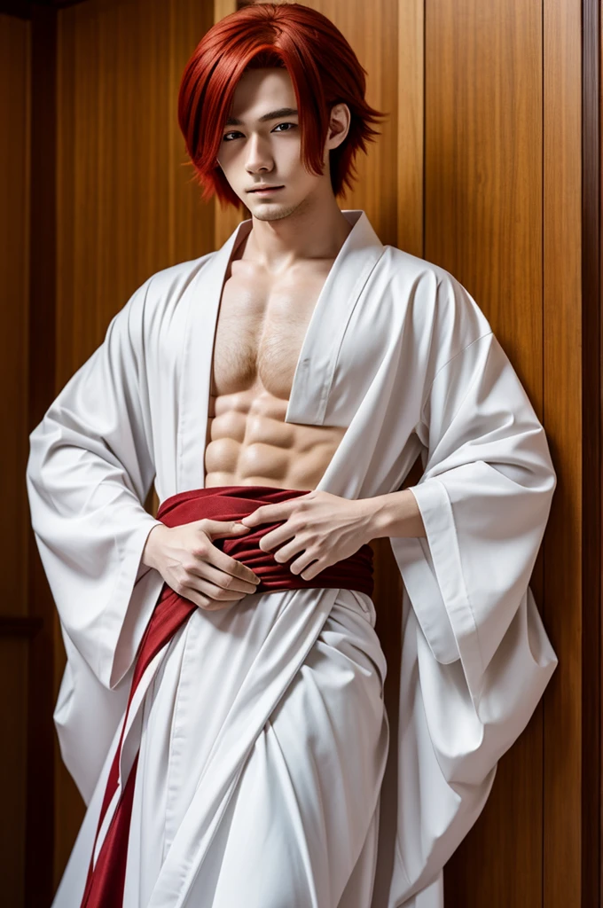 Anime boy with waist-length red hair, wearing a kimono with a bare torso and white eyes.