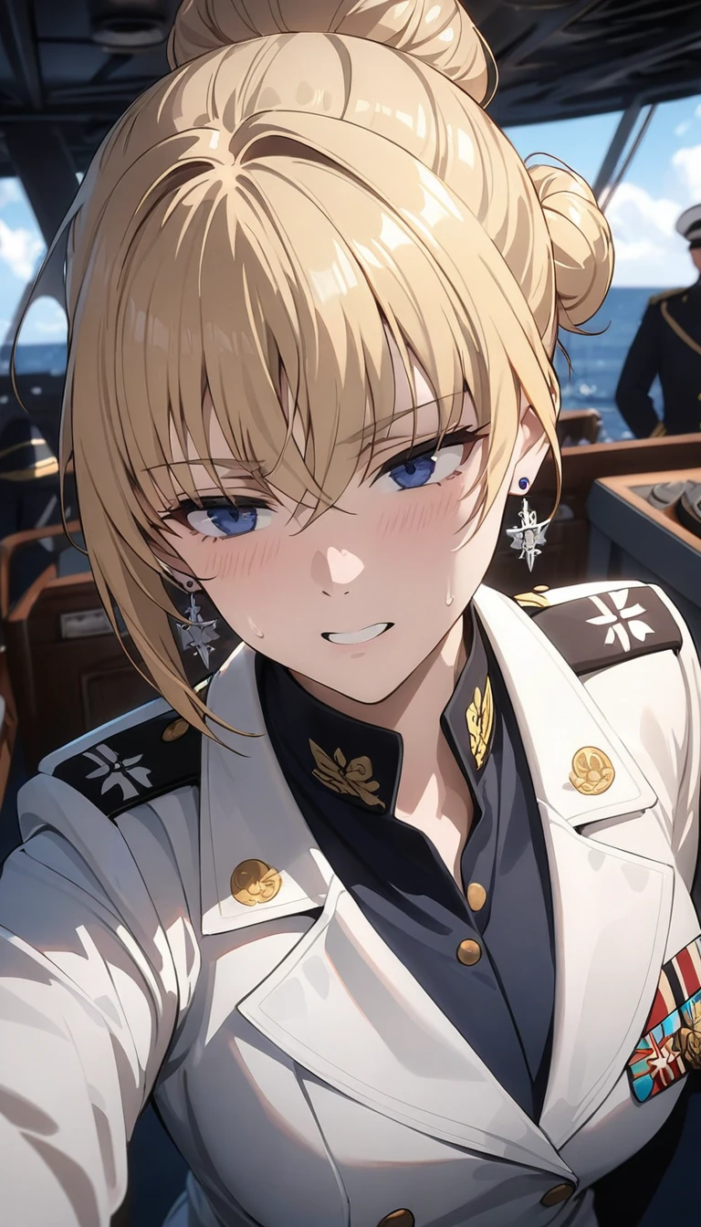 (Royal Navy), Horatio Nelson, Admiral, on board, warship, clear skies, aboard a warship at sea, commander, naval uniform, blonde hair, hair bun, raised eyebrows, upturned eyes, earrings, cinematic lighting, pov, ((masterpiece)), (super detail), textured skin, high quality, highres