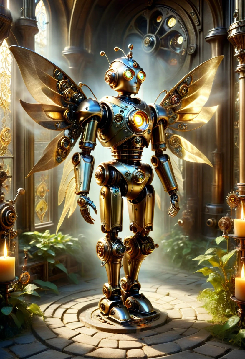 A robotic clockwork fairy. All bronze, gears, crAFTSMAN STYLE. GLASS WINGS. masterpiece, best quality, highly detailed, solo, looking at viewer, smile, mechaical face. Ultra HD, Rococo-Inspired Fantasy Art With Intricate Details. Cute, Charming Expression, Alluring-Gaze, looking at viewer Beautiful Eyes, An-Ideal-Figure. . slim waist, fit body, Warm lightssymmetrical face, photorealistic, photography, path tracing, specular lighting, volumetric face light, path traced hairmaximum quality{(masutepiece) (8K High Resolution) (top-quality) In the style of breath of the wild.medieval monastery garden,steampunk craftsman robot monk,beautiful ornate architecture,steampunk machinery and gears,exquisite stained glass windows,enchanted flower garden,ancient stone walkway with intricate carvings,glowing candles and dimly lit atmosphere,steam and smoke billowing from the machinery,mystical atmosphere,peaceful and serene setting,mechanical wings attached to the robot monk's back,robot monk with intricate clockwork mechanisms,electromechanical eyes glowing with energy,warm golden color palette,gentle sunlight streaming through the stained glass windows,whispering sound of wind and rustling leaves,the scent of aged books and incense,notes of ancient Gregorian chants echoing in the air,sense of awe and tranquility,combination of futuristic and medieval elements,harmony of technology and spirituality.