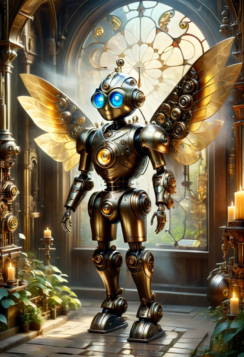 A robotic clockwork fairy. All bronze, gears, crAFTSMAN STYLE. GLASS WINGS. masterpiece, best quality, highly detailed, solo, looking at viewer, smile, mechaical face. Ultra HD, Rococo-Inspired Fantasy Art With Intricate Details. Cute, Charming Expression, Alluring-Gaze, looking at viewer Beautiful Eyes, An-Ideal-Figure. . slim waist, fit body, Warm lightssymmetrical face, photorealistic, photography, path tracing, specular lighting, volumetric face light, path traced hairmaximum quality{(masutepiece) (8K High Resolution) (top-quality) In the style of breath of the wild.medieval monastery garden,steampunk craftsman robot monk,beautiful ornate architecture,steampunk machinery and gears,exquisite stained glass windows,enchanted flower garden,ancient stone walkway with intricate carvings,glowing candles and dimly lit atmosphere,steam and smoke billowing from the machinery,mystical atmosphere,peaceful and serene setting,mechanical wings attached to the robot monk's back,robot monk with intricate clockwork mechanisms,electromechanical eyes glowing with energy,warm golden color palette,gentle sunlight streaming through the stained glass windows,whispering sound of wind and rustling leaves,the scent of aged books and incense,notes of ancient Gregorian chants echoing in the air,sense of awe and tranquility,combination of futuristic and medieval elements,harmony of technology and spirituality.