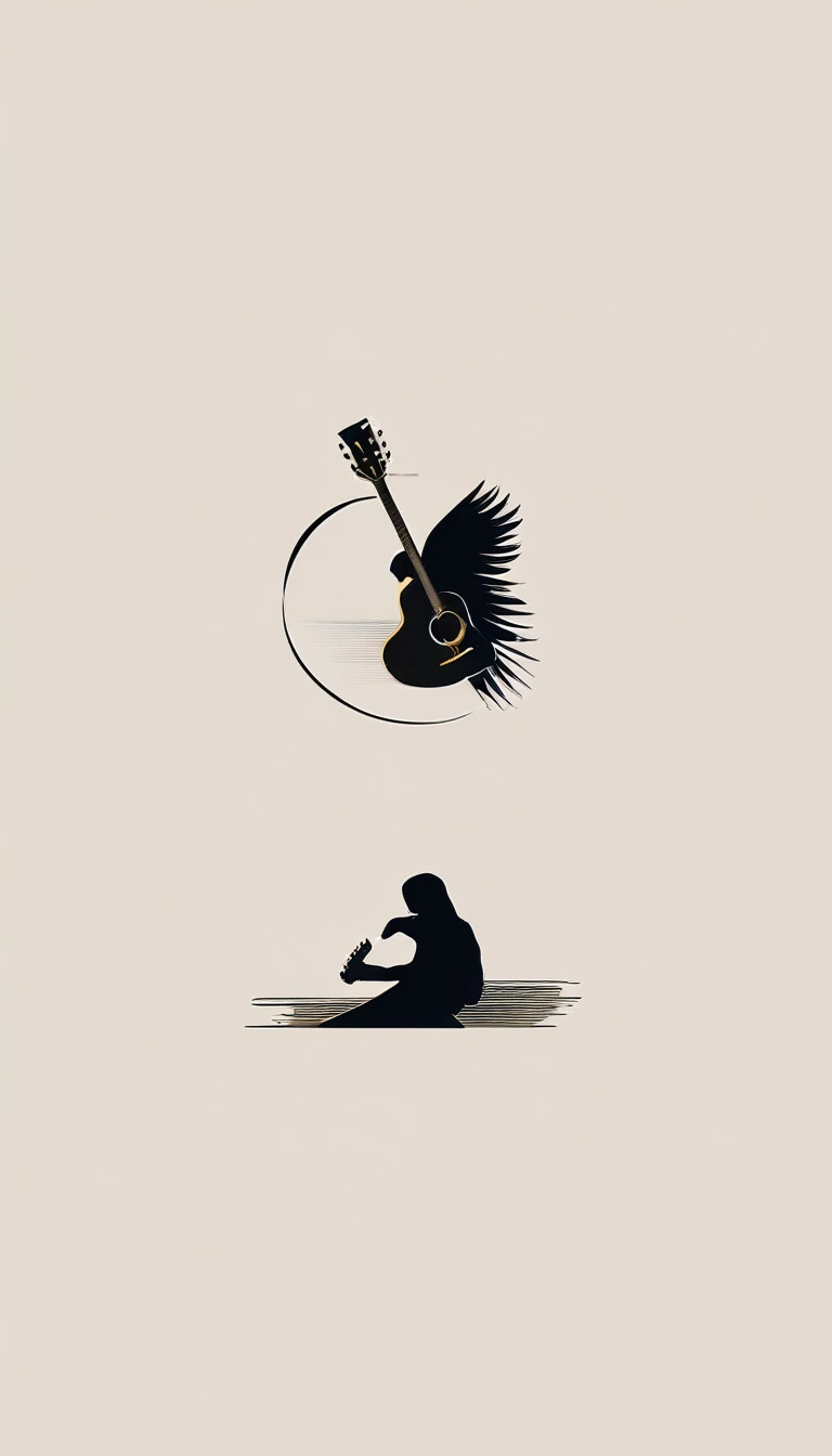 A minimal, modern, simple, cinematic, minimalistic logo design for the brand “Penamemoria". The logo design must be a simple, magical feather and a boy running and holding an acoustic guitar. The logo must convey a sense of music, stories and dreams. Logo design impressed on a book cover. Minimalistic logo