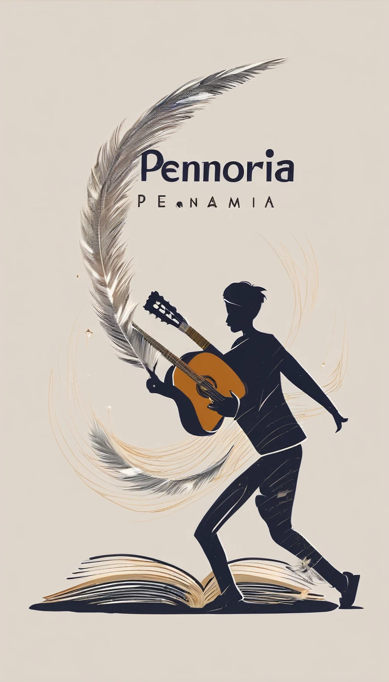A minimal, modern, simple, cinematic, minimalistic logo design for the brand “Penamemoria". The logo design must be a simple, magical feather and a boy running and holding an acoustic guitar. The logo must convey a sense of music, stories and dreams. Logo design impressed on a book cover. Minimalistic logo
