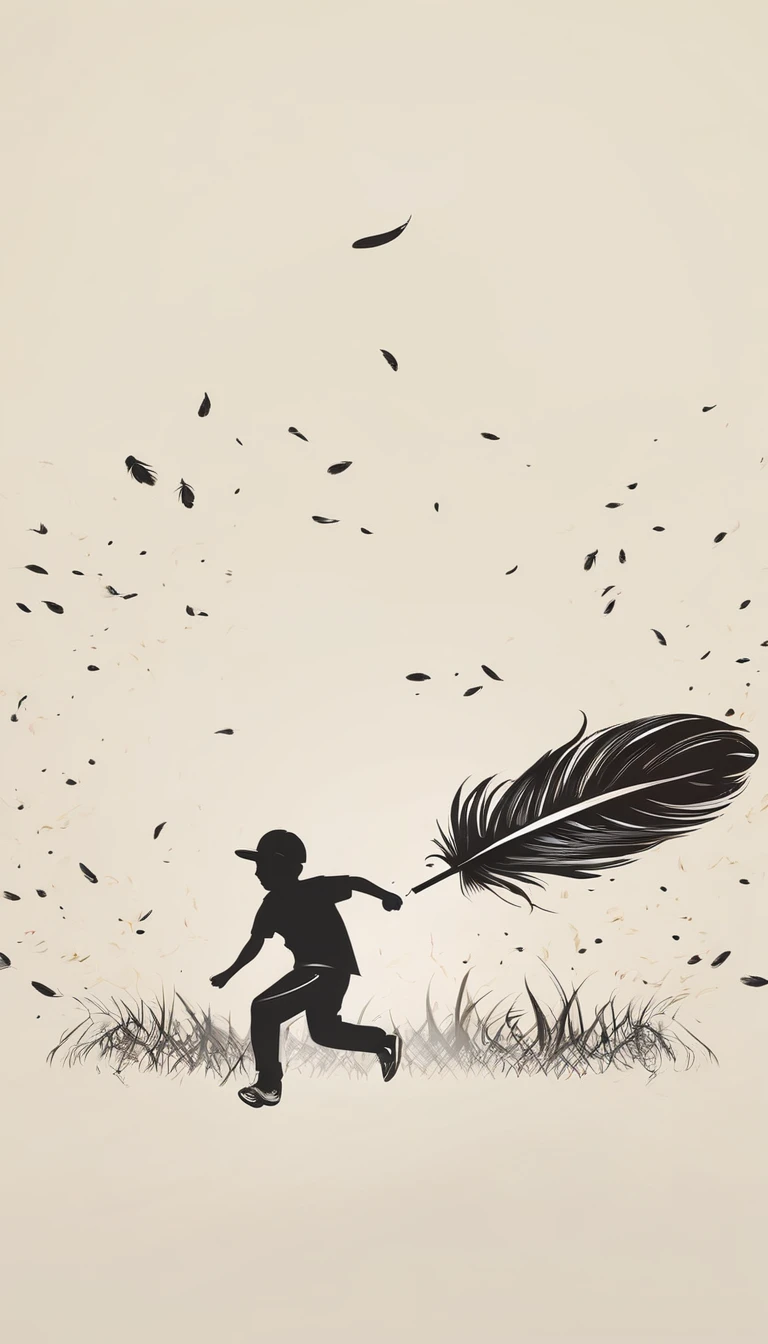 Create a minimalistic, simple, fantastic, easy to understand, logo design of a boy chasing memories with a feather.