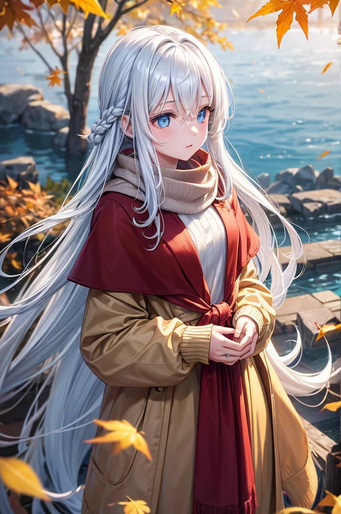 (work of art), best qualityer, ultra detali, illustration, warm lighting, soft lighting, shiny colors, 1 girl, standing alone,( beautiful girl, long hair, blue colored eyes, cinta, White hair, hair between the eyes, hair cinta, side locks, very long hair, Messy hair,) , Thu, many maple, maple leaves, golden leaves, folhagem de Thu, dried leaves, Riu,  Fresh air,  Peace, fresh breeze , Pleasant climate,( wear a white or brown sweater, red scarf, It&#39;s temperamental, Melancholic, Melancholic, Grieving ,preoccupied, yearning,), ((breasts big)), ((big-ass))