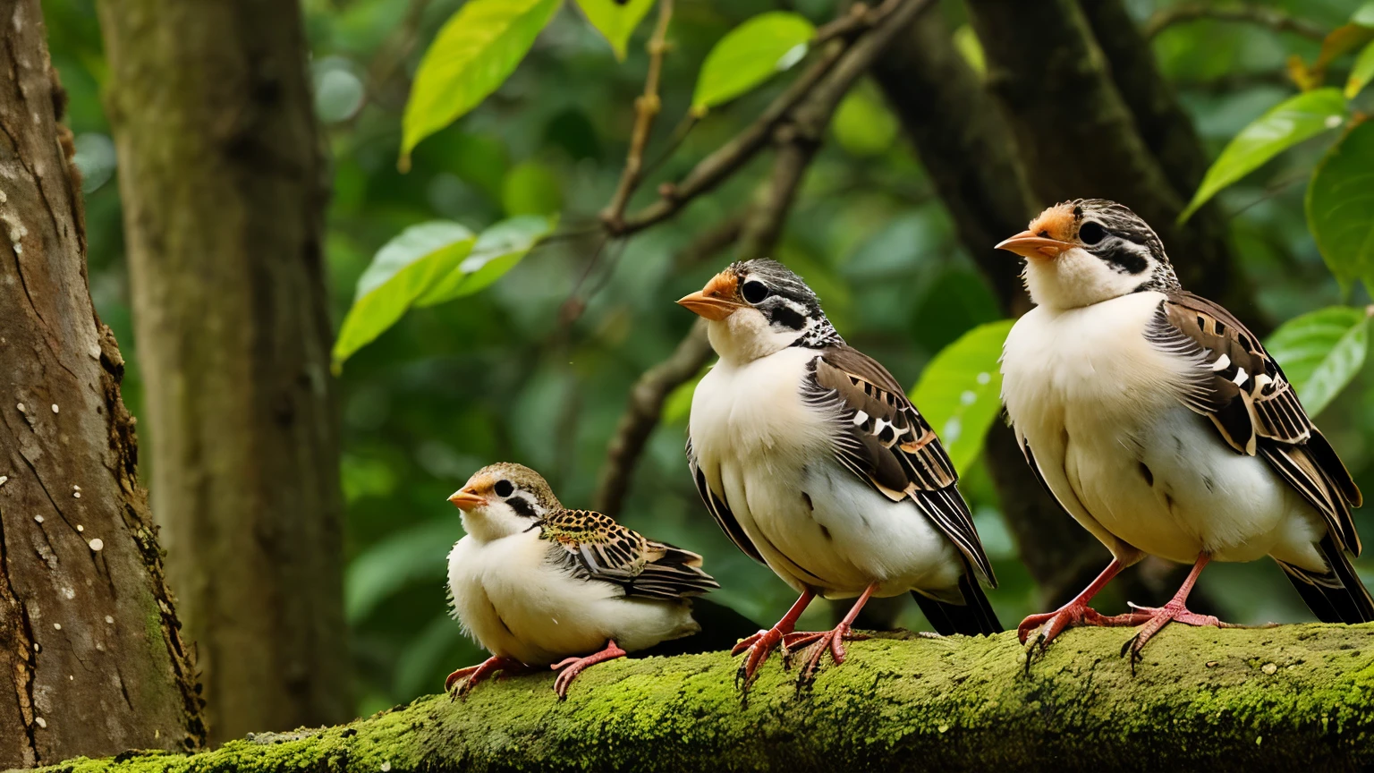 ((best quality)), ((Masterpiece)), (details), bird family, Father Nok, Mother bird, three baby birds, Big Forest,
