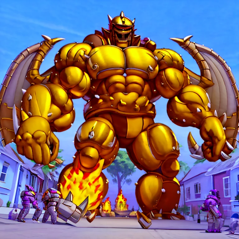 (Solo. masterpiece. official art. 8k. best quality. detailed full body. full body.)
(situation 1 : dominating Rubeus J. Rubeus J is over 1000 meters long. focus GIANT mechanical Muscular Rubeus J is trampling the city. Looking down. macro. stomp. Low-angle perspective. emphasizing the immense size. He is much bigger than a skyscraper. Giga Giants. looking down. foot focus, (soles:1.2))

(situation 2 :smoke and flames rising from the destruction in the city)

(Additional details 1: wearing a full-face helmet. golden armor. Armored Flazzard. Armored_Flazzard. high-tech bio-mecha armor. real texture material. whole body shines like metal.). 

(Additional details 2: (Detailed head. Detailed Body. Detailed abs. gigantic muscles. HYPER MUSCLES. Gigachad Muscular. big muscle. pecs. triceps. traps. unusually developed muscular body. body full of huge muscles. showing off muscles. pectorales enormes. Exaggeratedly huge muscles. huge muscles. long legs.).

(Additional details 3: Spread wings. It has wings. have big wings. The claws are sharp. Sharp teeth).