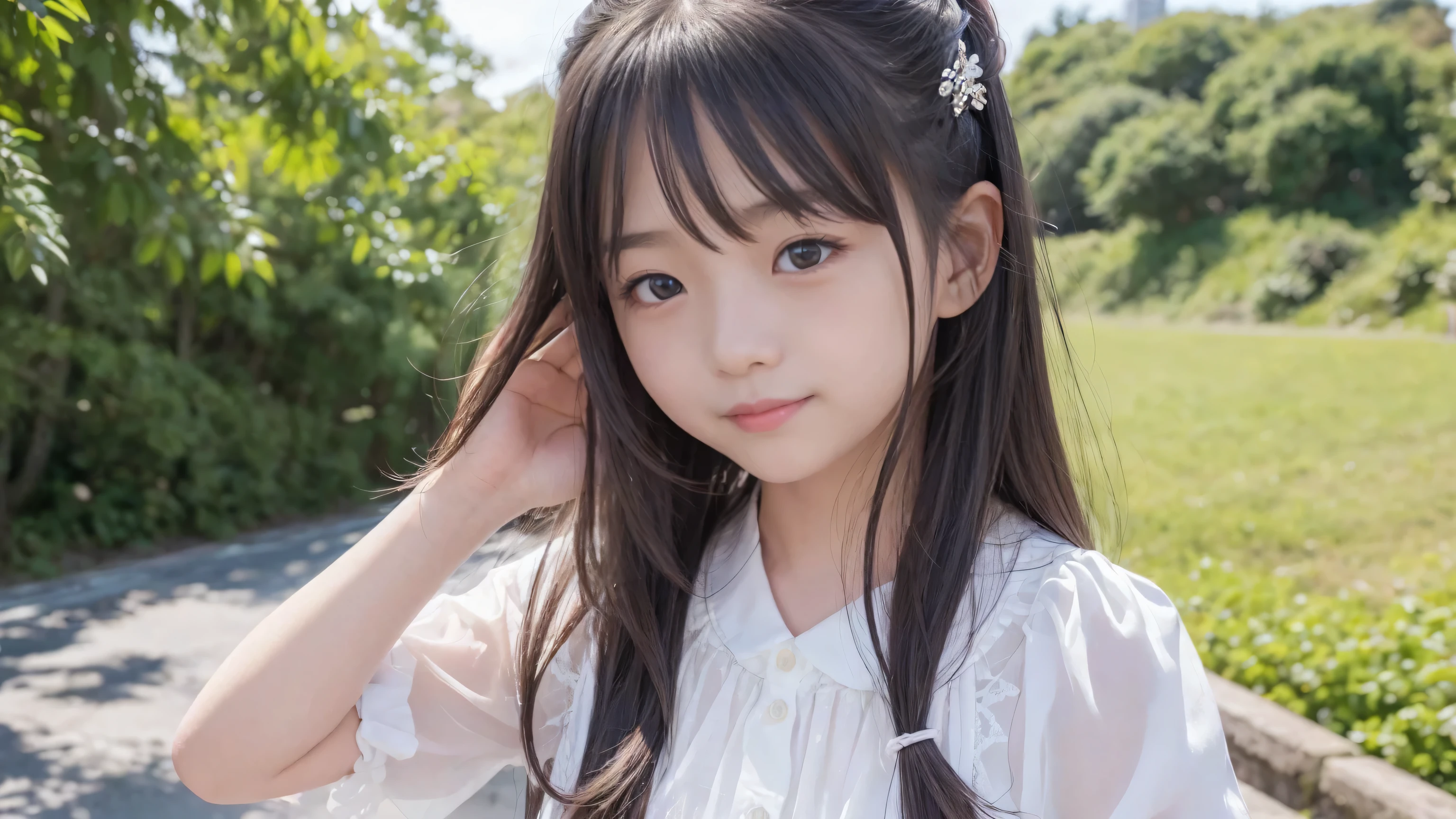 ((Attention to detail)),(Super detailed), Highly detailed CG Unity 8k wallpaper, beautiful girl, Highest quality, 8K, 11 years old、girl、Fluffy long hair、Summer outfit、Happy smile、sea