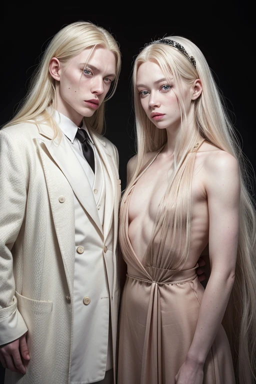 an androgynous woman with albino masculine features with long hair with her husband next to her, albino in appearance and similar features, both highly handsome.