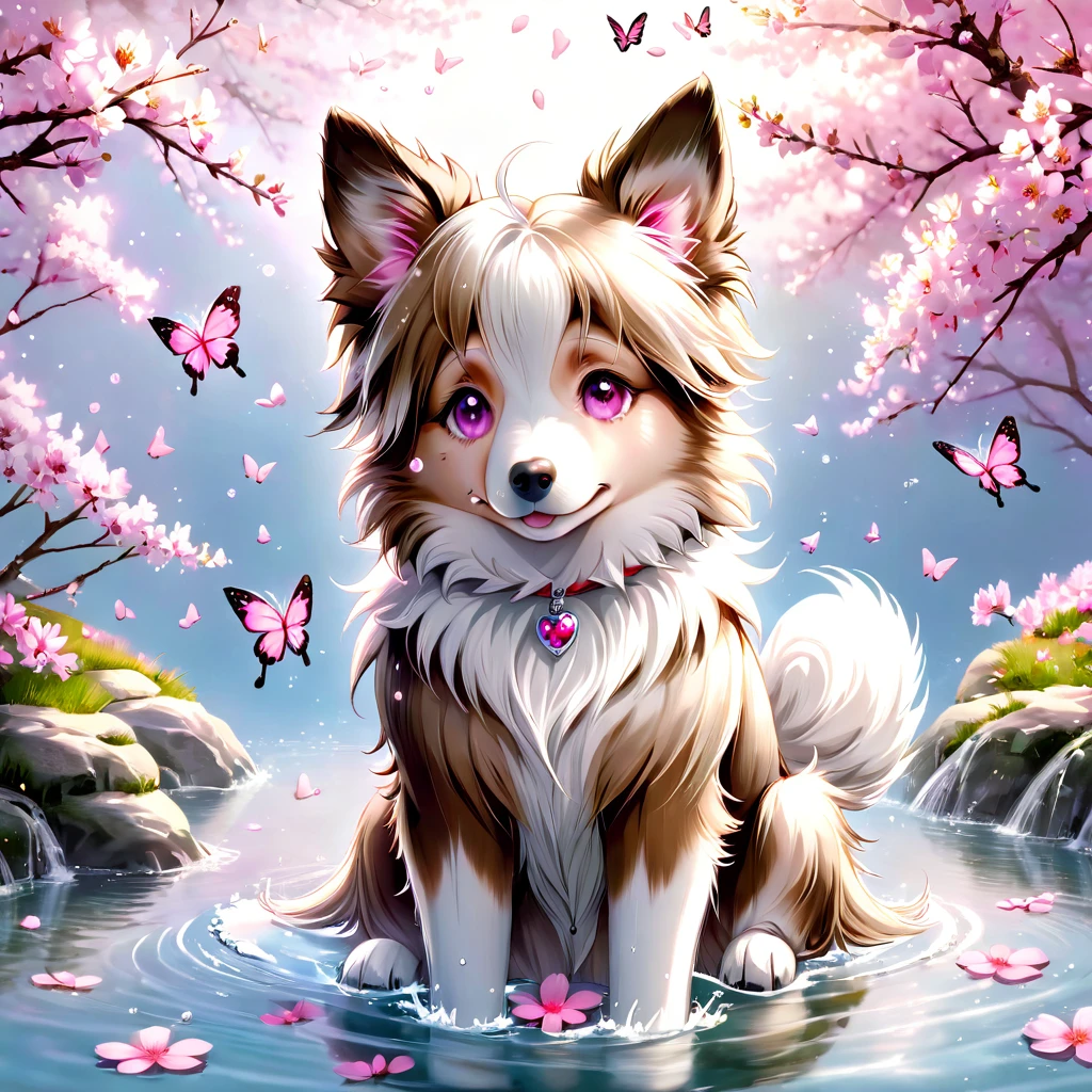 absurdres, highres, ultra detailed, HDR, master piece, best quality, extremely detailed, dog, border collie doble merle, white fur, light brown around the eyes, light brown ears, brown eyes, solo, cute, small, fantasy, magical, magic, pink butterflies, pink petals, pink flowers, water, blossoms