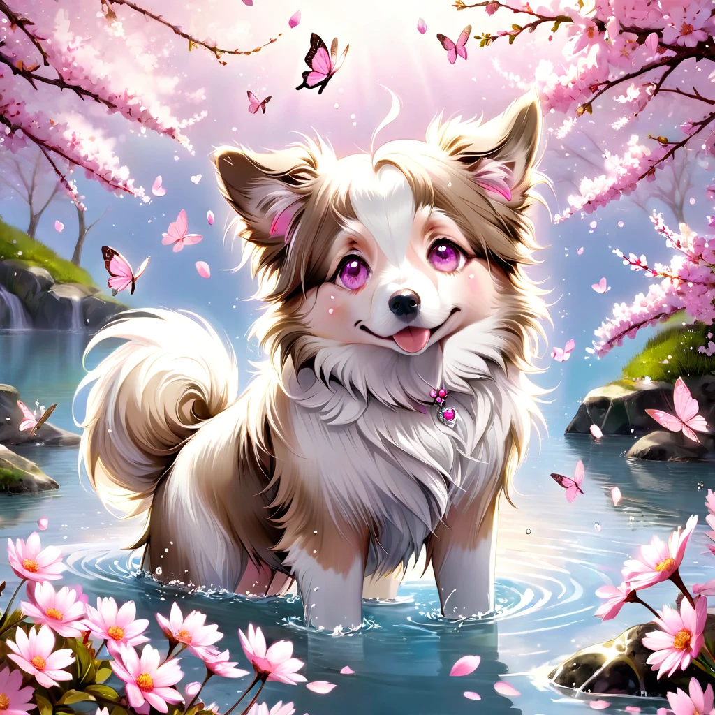 absurdres, highres, ultra detailed, HDR, master piece, best quality, extremely detailed, dog, border collie doble merle, white fur, light brown around the eyes, light brown ears, brown eyes, solo, cute, small, fantasy, magical, magic, pink butterflies, pink petals, pink flowers, water, blossoms