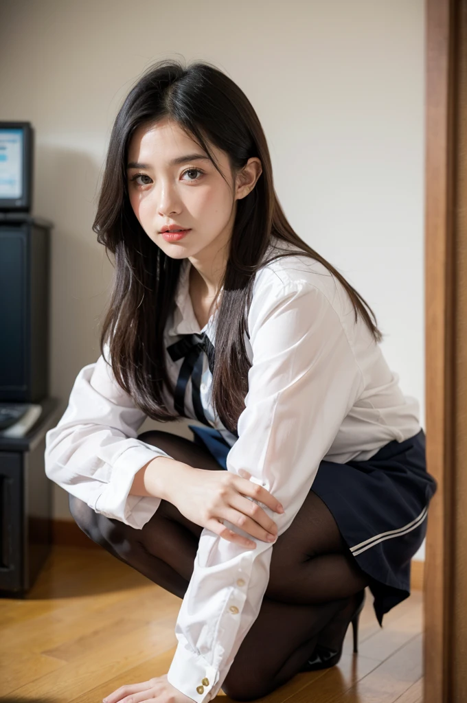 ulzzang-6500-v1.1, (RAW photo:1.2), (Photoreal), (genuine:1.4), (muste piece), Idol high school girl in school uniform crouching on the floor, (super realistic pantyhose:1.3), anime girl cosplay, seifuku, japanese , japanese girl uniform, Chiho, anime cosplay, cosplay photo, sakimichan, wearing japanese , ayaka cosplay, japanese model, real anime girl, young gravure idol, shikamimi