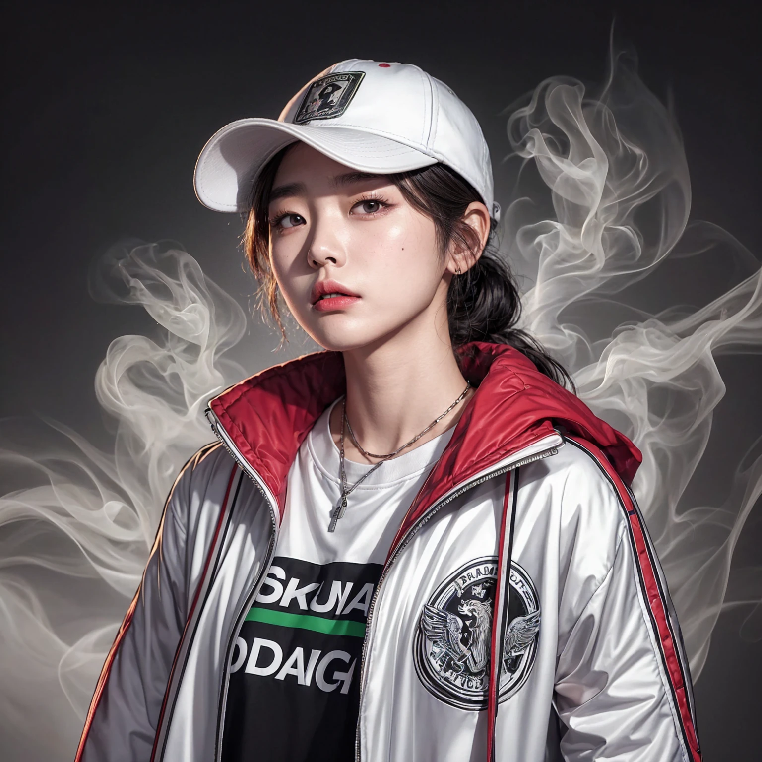 a korean young woman, wearing a baseball cap, a white jacket with a red collar, and a white T-shirt with black and green text. The background features a bold grey with smoke. The expression is neutral, and the overall style is detailed and vibrant, realistic. skuad pose