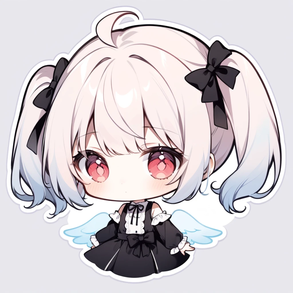 pastel colors, chibi, (little angel:1.5), 1girl, red eye, twin tails, silver hair, ahoge, black ribbon, black dress