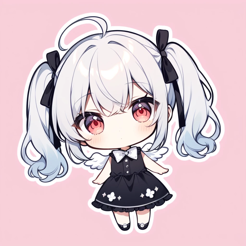 pastel colors, chibi, (little angel:1.5), 1girl, red eye, twin tails, silver hair, ahoge, black ribbon, black dress