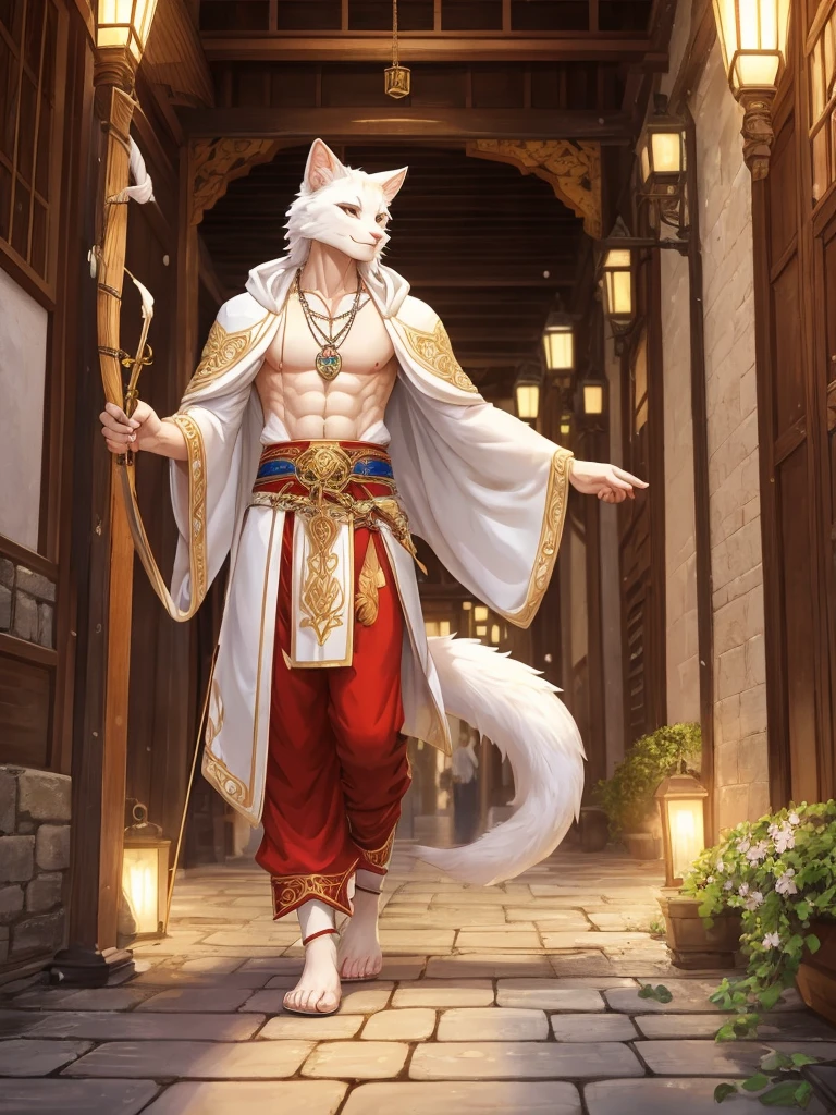 Anthro, white mein coon cat, full body, male, adult, hand paws, long fluffy tail, strong, light robe, light pants, flip flop, fancy modern japenese clothing, ornate clothing, necklace with pendant, holding archery bow, abdomen on display, serious look, warm expression, hairy body, 8K, dynamic lighting, ultra detailed, masterpiece, street of a medieval town, raining