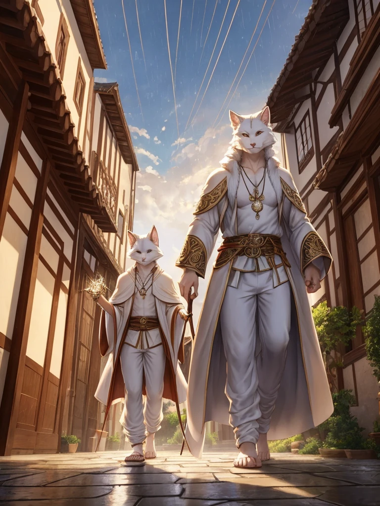 Anthro, white mein coon cat, full body, male, adult, hand paws, long fluffy tail, strong, light robe, light pants, flip flop, fancy modern japenese clothing, ornate clothing, necklace with pendant, holding archery bow, abdomen on display, serious look, warm expression, hairy body, 8K, dynamic lighting, ultra detailed, masterpiece, street of a medieval town, raining