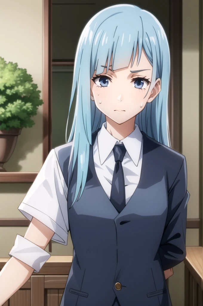 expensive body, expensive, Long legs, mature female, mature, Adult, It is_wait_Cane, One girl, alone, Blue Hair, tie, Long Hair, View your viewers, black tie, blue eyes, shirt, Upper Body, bangs, Jacket, white shirt, formal, collared shirt, Mouth closed, suit, blunt bangs,Sweaty,NSFW 