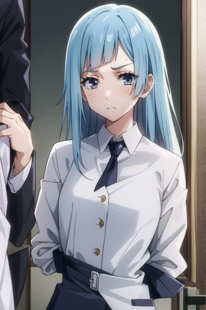 expensive body, expensive, Long legs, mature female, mature, Adult, It is_wait_Cane, One girl, alone, Blue Hair, tie, Long Hair, View your viewers, black tie, blue eyes, shirt, Upper Body, bangs, Jacket, white shirt, formal, collared shirt, Mouth closed, suit, blunt bangs,Sweaty,NSFW 