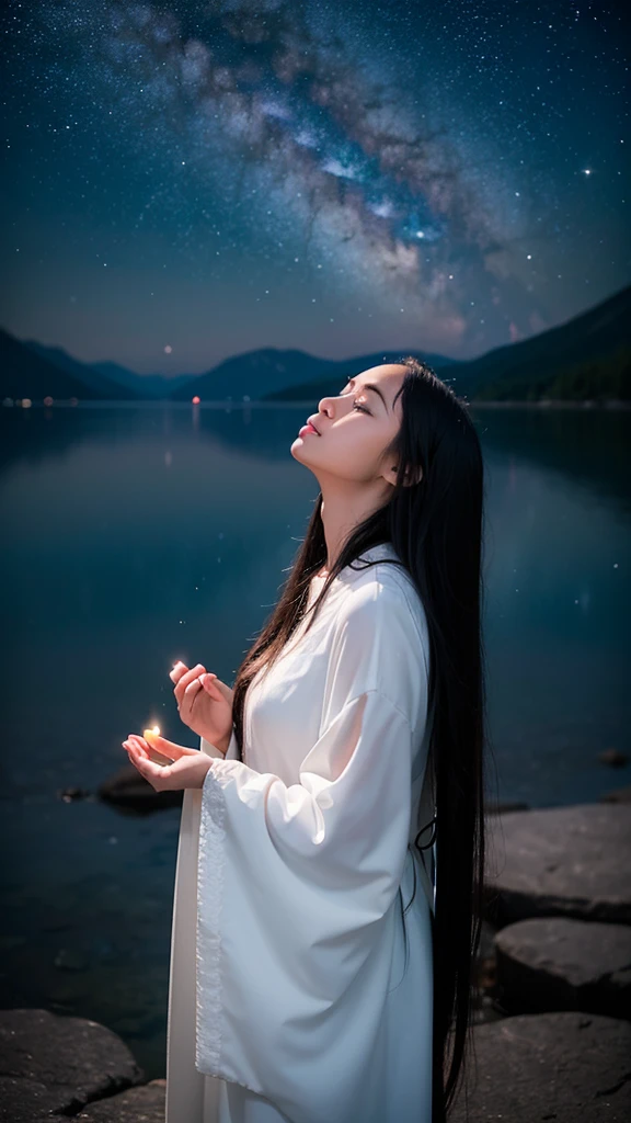 “A high-resolution, fantastical image of a long-haired woman with black hair standing by the lakeside. She is positioned at the edge of the frame, her hands clasped together in a prayer-like gesture, eyes closed, and looking up at the sky. Place a first-magnitude star prominently in the sky as if she is making a wish upon it. The woman’s silhouette should glow in the darkness, highlighting her presence. Capture the scene with a magical and ethereal quality.”