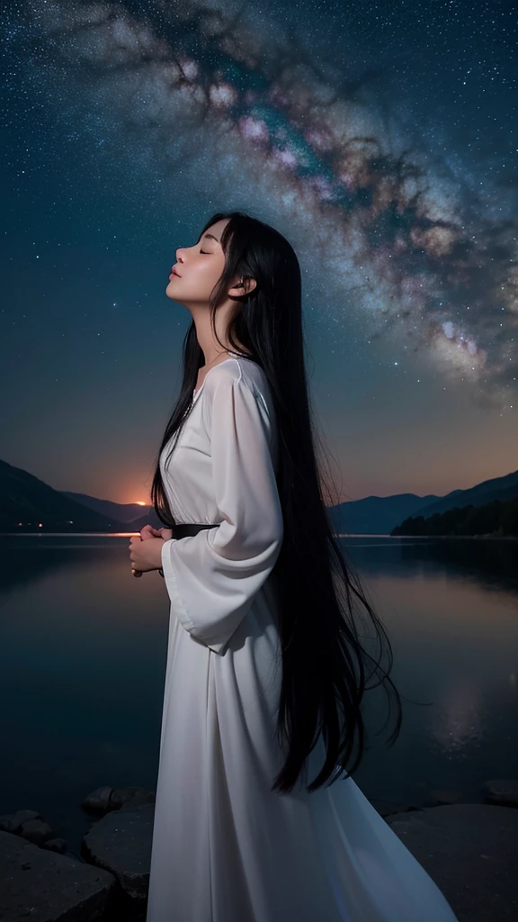 “A high-resolution, fantastical image of a long-haired woman with black hair standing by the lakeside. She is positioned at the edge of the frame, her hands clasped together in a prayer-like gesture, eyes closed, and looking up at the sky. Place a first-magnitude star prominently in the sky as if she is making a wish upon it. The woman’s silhouette should glow in the darkness, highlighting her presence. Capture the scene with a magical and ethereal quality.”
