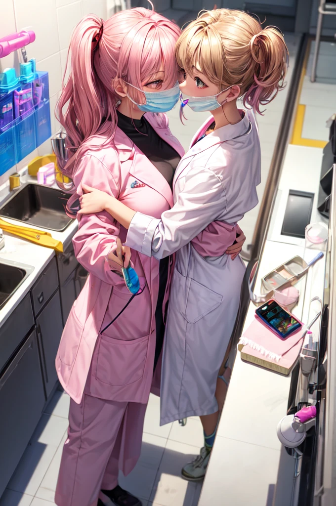 Dental hygienist Pink lab coat I have a toothbrush Beauty The hair color is brown The mask is pink From an angle Mask Pink Len Big eyes dual