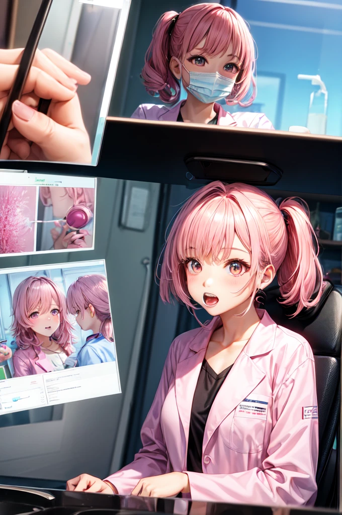 Dental hygienist Pink lab coat I have a toothbrush Beauty The hair color is brown The mask is pink From an angle Mask Pink Len Big eyes dual
