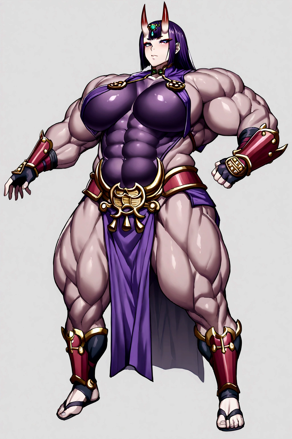 Shuten boy, parted bangs, purple eyes, purple hair, long hair, hime cut, forehead, arm guards, armor, black gloves, bodysuit, fingerless gloves, gloves, japanese armor, kote, loincloth, purple bodysuit, ribbed sleeves, tabard, toned, gigantic muscular body, full body.