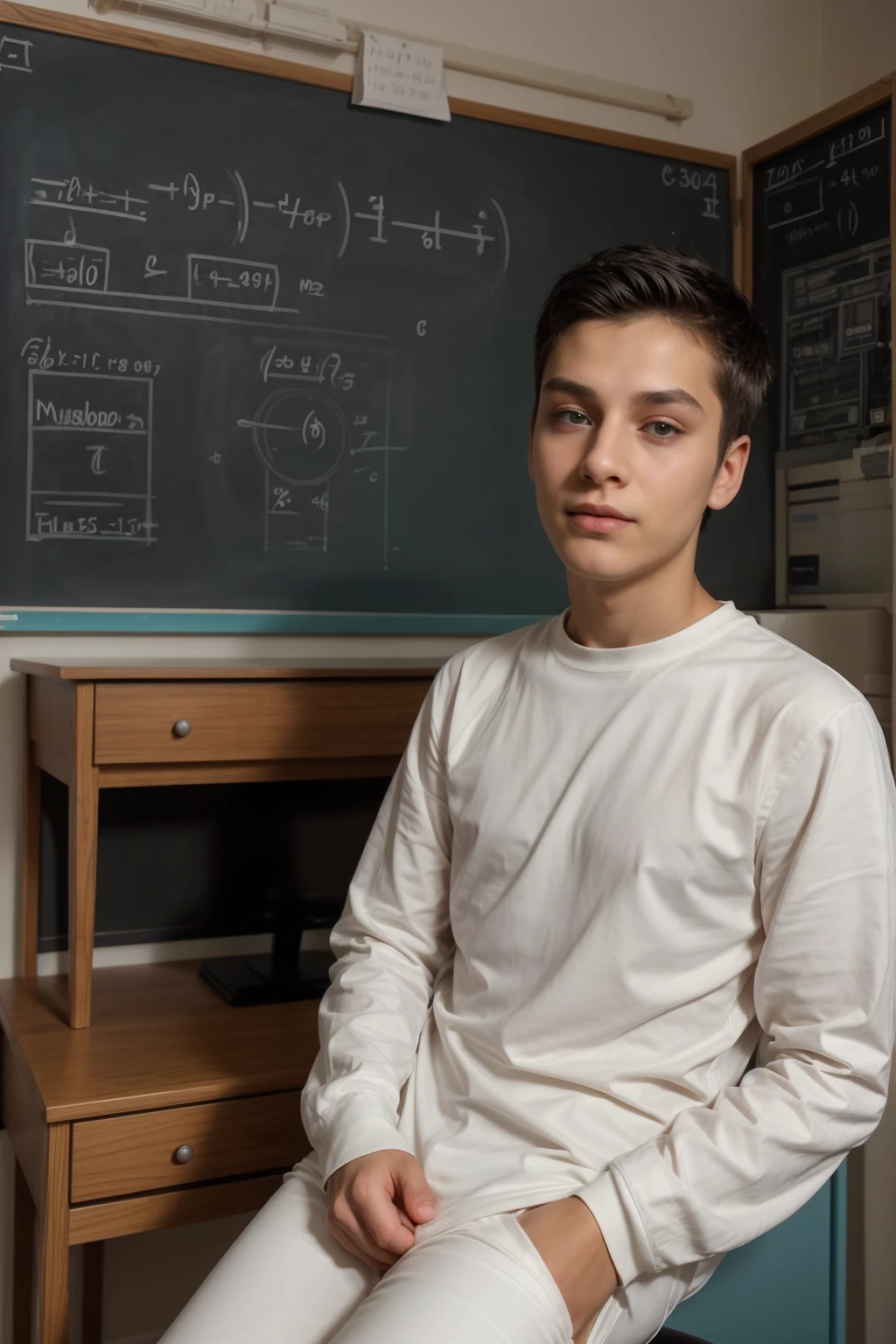 A beautiful young male twink with black hair and a face with makeup. He is wearing a white long-sleeved shirt with a tight fit and aqua blue pants. He is in his scientific office, and behind him is a blackboard on which is written the shape of the brain, its anatomy, and mathematical equations, and he is sitting at a desk.